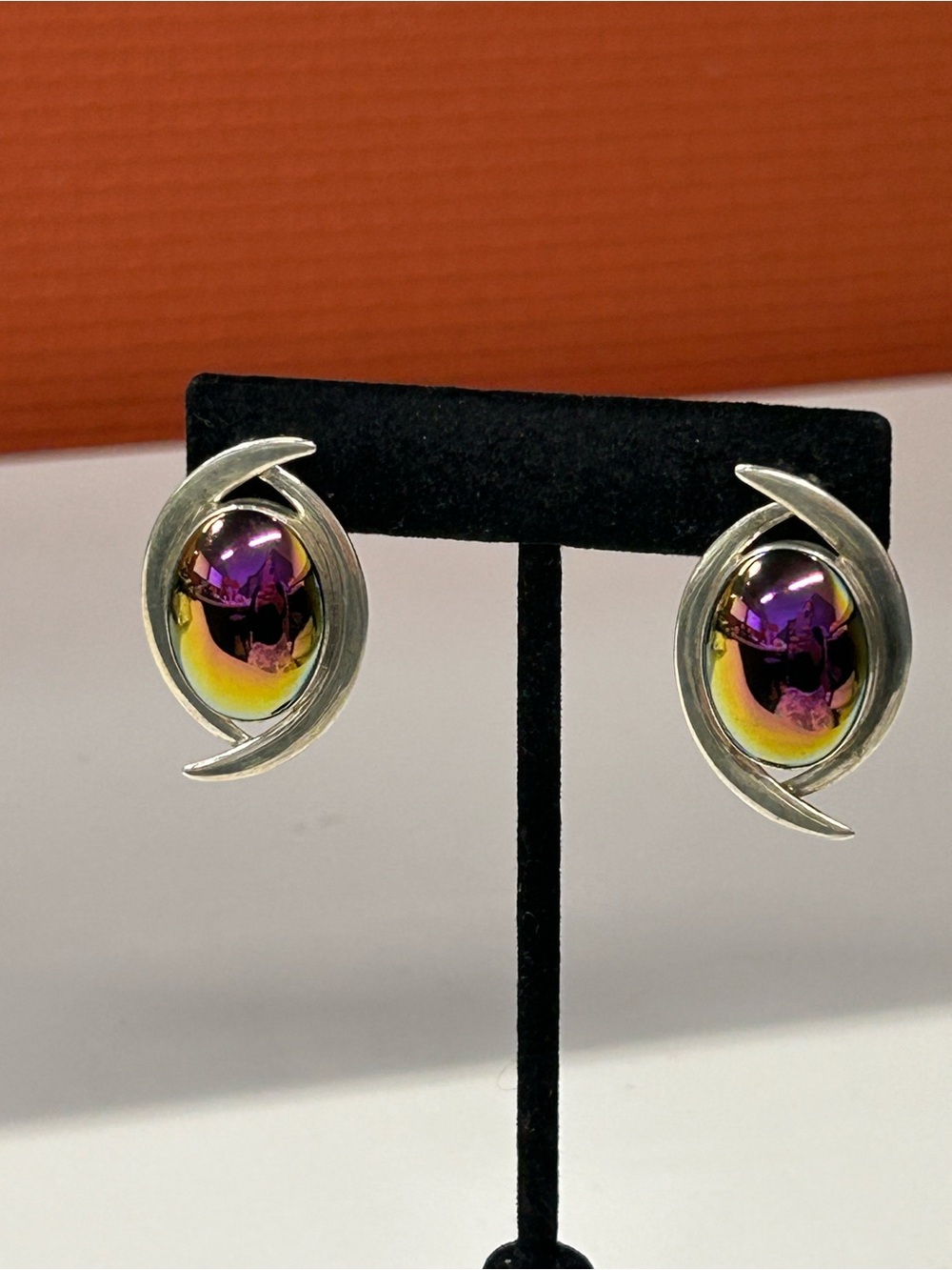Jay King DTRSterling Silver Stud Earrings with Purple-Yellow Iridescent Cabochon
